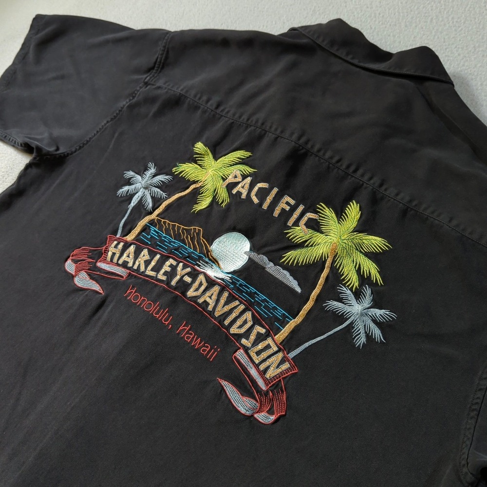 Harley-Davidson Camp Shirt Mens L Black Honolulu Hawaii Pacific Embroidered XL
